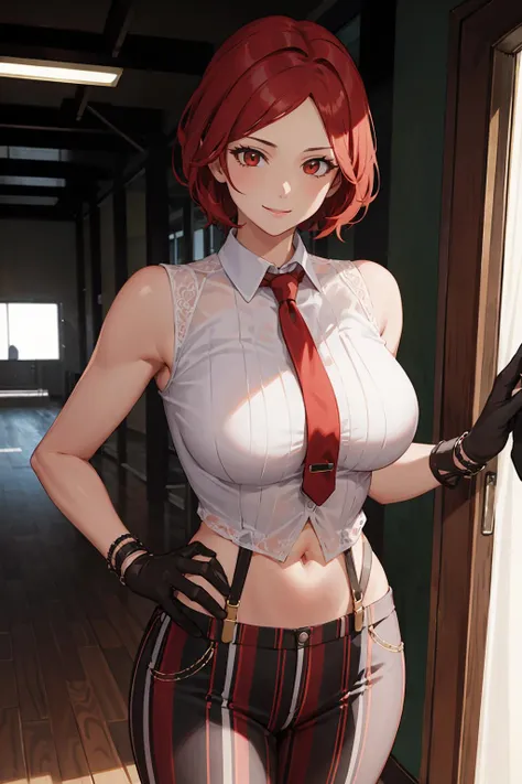 masterpiece, best quality, ultra-detailed, 1girl, VanessaMS, milf, thick, mature face, tall, <lora:VanessaMS:1>, red tie, white sleeveless button-down shirt, modern shirt, black gloves, striped pants, navel, smile, stadium, cowboy shot, volumetric lighting, intricate details, tonemapping, sharp focus, hyper detailed