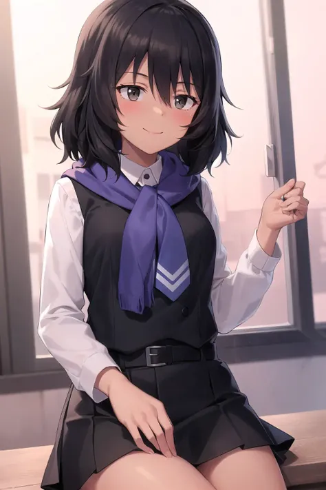 1girl,andou \(girls und panzer\), dark skin,medium hair, black hair,brown eyes, school uniform,necktie,white shirt,black vest,sweater around neck,black skirt,light smile,closed mouth,<lora:andou:1>
