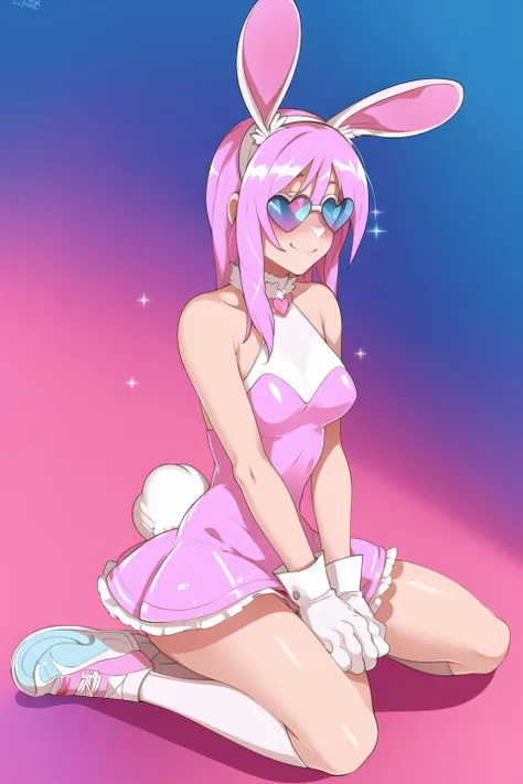 (masterpiece, best quality), female, small breasts, medium pink hair, pink frilly dress, white knee-high socks, fluffy bunny ears, white bunny tail, headband, white sneakers, heart-shaped sunglasses, pink gradient sparkle background, kneeling, wariza, white gloves, nice hands, hands between legs, front view, smile,