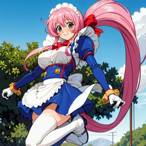 (masterpiece,best quality:1.1),High resolution,eyes lips,1girl,solo, outdoors,smile,blush,dynamic pose,spread legs,
<lora:kurumi1:0.6>,,koutetsu_tenshi_kurumi,pink_hair,very_long_hair,maid, maid_headdress, white_thighhighs,pony_tail,detailed face, large_breasts, dress,shoes, wrist_cuffs,