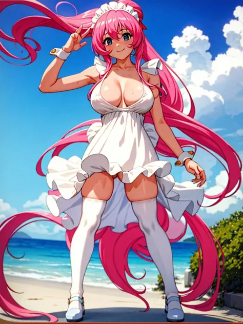 (masterpiece), (best quality:1.0), (ultra highres:1.0),solo,
, naked,beach, 1girl, solo,,look at viewer, swimwear,
koutetsu_tenshi_kurumi,pink_hair,very_long_hair,maid, maid_headdress, white_thighhighs,pony_tail,detailed face, large_breasts, dress,shoes, wrist_cuffs,after sex, <lora:kurumi1:0.5>,smile,