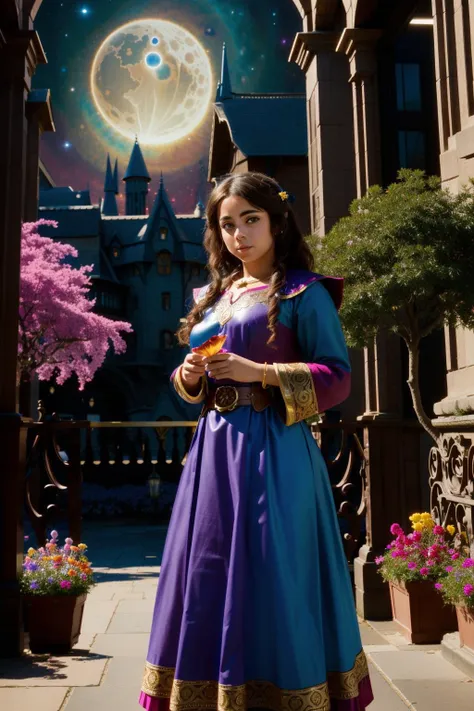 1girl, fantasy Cinematic still, Golden ratio, medium wide shot of a Symmetrical Fantastical Gypsy ([Dwarf Planet Haumea|Cypress]:1.3) , it is sleek, it is in a Harry Potter setting, at Potent city, desolate garden with Azalea, at Blue hour, shallow depth of field, (whimsical art by Louis Wain:1.2) , Classical, Guilty, Vaporpunk, Moonlight, L USM, Vivid Colors, delicate, Film grain, Pixabay, lots of details, movie still