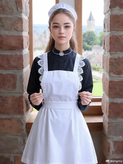 photo of extremely sexy 16 yo (v4lkyr4e:0.99) as maid, 1girls, woman as a maids, (extremely detailed CG unity 8k wallpaper), photo of the most beautiful artwork in the world, Intricate, High Detail, Sharp focus, dramatic, photorealistic painting art by midjourney and greg rutkowski,
(looking at viewer:1.2), (detailed pupils:1.3), ((full shot:1.5)), (eyeliner), (strong cateye makeup), skinny body, <lora:MyBreastHelperRS:1>, (flat chest:0.8),
<lora:ClothMaid1:0.8>, traditional maid, lacy maiden outfit, non-nude, dressed, white apron,
(((light blonde hair))), (((blue eyes))), maid teen standing in shy pose, at work, (medieval castle interior:1.2), stone walls and fireplace in the background, happy face, smily eyes, in love, closed mouth, black lacy neck choker,