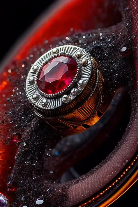 an concept art of magic ring, jewelry,   (((Crimson Eclipse Eternity - Bloodfire Ruby, Eclipse Blossom Motif: ))) ,(( (ring))) on table,rim lights,digital art,focus on subject,duch angle,clsoe shot,closeup,focus on material and ((structure,masterpiece)), unique style, extreamlly detailed, maximum quality, best quality,},(epic scene:1.3),(ultrasharp:1.3),(masterpiece:1.1),best quality ,(photorealistic:1.2),ultrarealistic,realistic, Magnificent,Imperceptible detail,Intricately designed, <hypernet:sxzBloom_sxzBloom:0.6>  <lora:add_detail:1> <lora:add_sharpness:0.63> <lora:MacroPhotography_last:0.77> macrophotography, (((intricated details)))