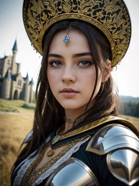 portrait of a girl, the most beautiful in the world, (medieval armor), metal reflections, upper body, outdoors, intense sunlight, far away castle, professional photograph of a stunning woman detailed, high detailed face, extremely detailed background, best quality
, 24mm, 4k textures, soft light, RAW photo, photorealism, photorealistic, intricate, elegant, highly detailed, sharp focus, ((cinematic look)), soothing tones, insane details, intricate details, hyperdetailed, low contrast, dim colors, exposure blend, hdr, faded