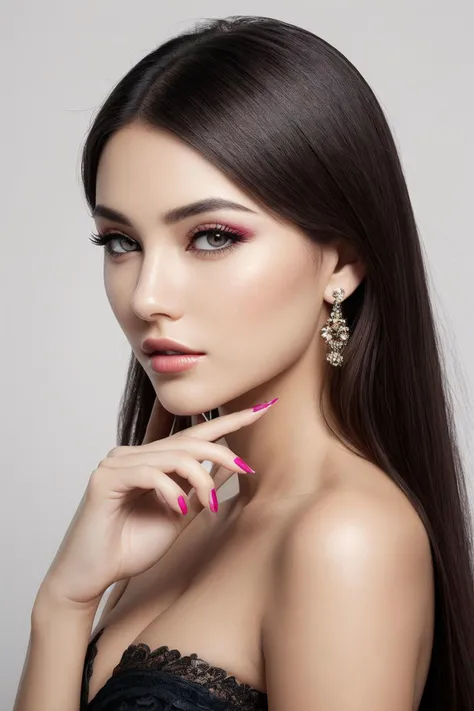 raw Photo of a woman, showing her beautiful hands to the camera,wearing beautiful earrings and makeup, long eyelashes,(white background:1.2) BREAK simple background,detailed eyes, detailed facial features,(black hair:1.2) BREAK nail polish,nail art,flash photography, studio lighting,shadow