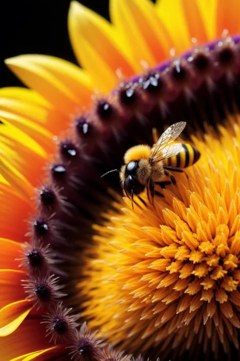 art by Yasushi Nirasawa Bee Pollen on Fur: Extreme close-up of pollen clinging to a bee's fur, revealing its vibrant colors and intricate pollen grains. (macro, detailed, colorful, hairy) close up, macro photography on balck velwet background,8k, ultrasharp, ultradetailed, perfect quality, masterpiece, intricated details, ultra clear, <lora:add_detail:0.7>, <hypernet:sxzBloom_sxzBloom:0.3>, vivid colors wallpaper