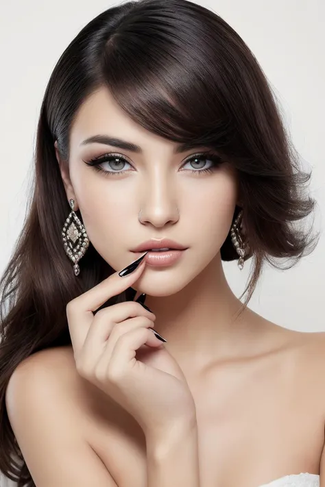 raw Photo of a woman, showing her beautiful hands to the camera,wearing beautiful earrings and makeup, long eyelashes,(white background:1.2) BREAK simple background,detailed eyes, detailed facial features,(black hair:1.2) BREAK nail polish,nail art,flash photography, studio lighting,shadow