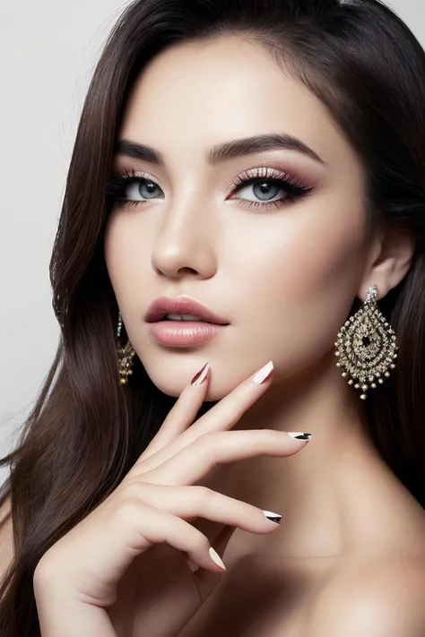 raw Photo of a woman, showing her beautiful hands to the camera,wearing beautiful earrings and makeup, long eyelashes,(white background:1.2) BREAK simple background,detailed eyes, detailed facial features,(black hair:1.2) BREAK nail polish,nail art,flash photography, studio lighting,shadow