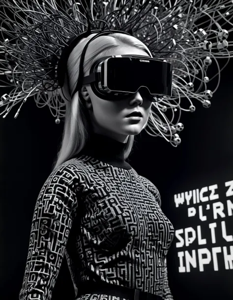 photography monochrome She tech-inspired fabrics, digital illusions, pixelated prints, virtual reality fashion, cyberspace couture, Wired Fashion Feature, virtual reality headset.,highly intricate,1968, 60s, black letters, hyper detailed, photorealistic,,,in (halsman:1.05) style,