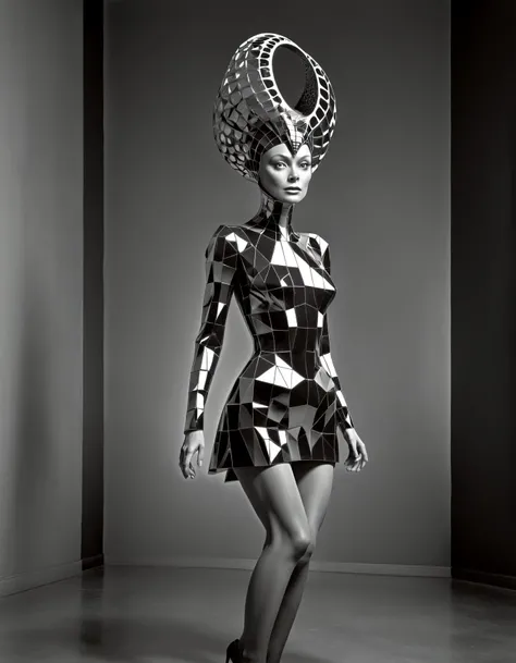 (portrait:1.2), adult, woman, Hard Part with Textured Top, wearing lgdress_1, one shoulder bodysuit, unique, avant-garde silhouette, metallic sheen, large crystal embellishments adorning the dress from the waist and shoulders, gloves, hair decoration high heels, <lora:Luxurious_Geodes_Gown_and_Dress_XL-000003:0.8>, (lounging poolside, white mansion:1.3), (eye mask made of broken mirrors:1.2)