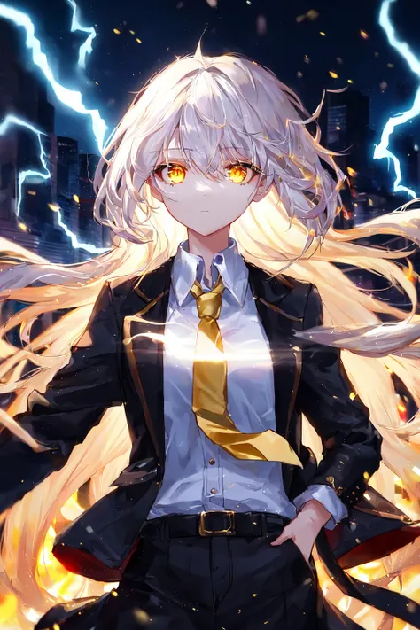 1girl, masterpiece, extremly detailed, ((Cinematic lighting)), (glowing), ((dramatic lighting)), ((beautiful detailed glow)), intricate detail, lens flare, finely detailed beautiful face and eyes, white hair, yellow eyes, soft glowing eyes, expressionless, staring, medium hair, bangs, floating hair, (psychic), (electricity), cowboy shot, hands in pocket, black jacket, open jacket, white shirt, yellow necktie, glowing hair, black skirt, fluttering clothes, yellow swirling around the character, (night), city