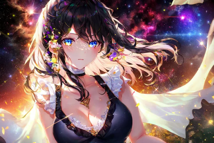 1girl, masterpiece, extremly detailed, ((Cinematic lighting)), (glowing), ((dramatic lighting)), ((beautiful detailed glow)), intricate detail, lens flare, finely detailed beautiful face, multicolored hair, gradient hair, black hair, white hair, medium hair, floating hair, upper body, dutch angle, universe, space, sunshine, lens flare, galaxy, nebula, closed eyes, black top, white frill, colorful background, wode shot, upper body, large breasts, cleavage