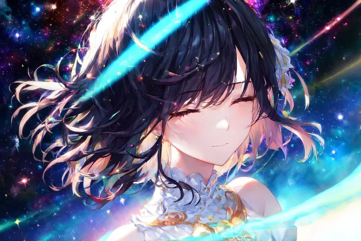 1girl, masterpiece, best quality, extremly detailed, Cinematic lighting, highres, official art, finely detailed beautiful face, high resolution illustration, 8k, dark intense shadows, overexposure, multicolored hair, gradient hair, black hair, white hair, medium hair, floating hair, upper body, dutch angle, universe, space, sunshine, lens flare, galaxy, nebula, closed eyes, black top, white frill, colorful background, wode shot