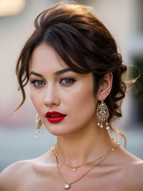 Realistic photo of a beautiful 0lg4k woman, 1girl,solo,brown hair,bare shoulders,brown eyes,jewelry,earrings,necklace,lips,makeup,lipstick,portrait,realistic,red lips, soft lighting, professional Photography, Photorealistic, detailed, RAW, analog, sharp focus, 8k, HD, high quality, masterpiece<lora:0lg4k:1.0>