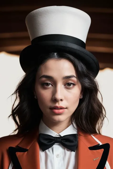 [1girl:DEN_chloe_surrealMK2:20],
performing in a (circus:1.2) wearing a red and black (blazer:1.1) and white (shirt:1.1) and cream (trousers:1.1) and black bow tie and (top hat:1.1), ring leader, circus,
bokeh, f1.4, 40mm, photorealistic, raw, 8k, textured skin, skin pores, intricate details  <lora:epi_noiseoffset2:1>, epiCRealism