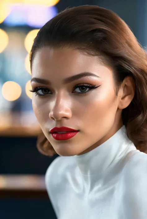 photo of extremely sexy Zen_daya, a woman as a sexy student, (closeup portrait), curly hair, (white tight long sleeve turtleneck top), at a cantina sitting bar (masterpiece:1.5) (photorealistic:1.1) (bokeh) (best quality) (detailed skin texture pores hairs:1.1) (intricate) (8k) (HDR) (wallpaper) (cinematic lighting) (sharp focus), (eyeliner), (painted lips:1.2)<lora:Zendaya:0.8>