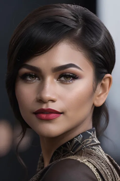 a stunning intricate full color portrait of Zen_daya woman, black hair, medium hair, lipstick, brown eyes, makeup, establishing shot, masterpiece, best quality,extremely detailed, intricate detail, fine detail, careful detail, up close portrait, masterpiece, best quality, ultra-detailed <lora:Zendaya:0.9>