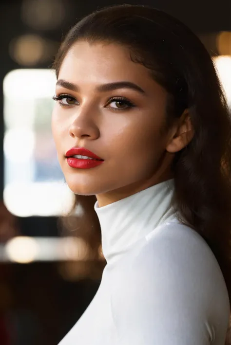 photo of extremely sexy Zen_daya, a woman as a sexy student, (closeup portrait), curly hair, (white tight long sleeve turtleneck top), at a cantina sitting bar (masterpiece:1.5) (photorealistic:1.1) (bokeh) (best quality) (detailed skin texture pores hairs:1.1) (intricate) (8k) (HDR) (wallpaper) (cinematic lighting) (sharp focus), (eyeliner), (painted lips:1.2)<lora:Zendaya:0.8>