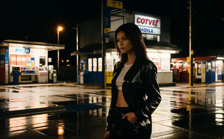 full body photo of Zen_daya, outside at night, at the convenience store in the rain late at night, wet hair, cinematic, shallow depth of field, extremely detailed, intricate detail, fine detail, careful detail, masterpiece, best quality, ultra-detailed <lora:Zendaya:0.8>