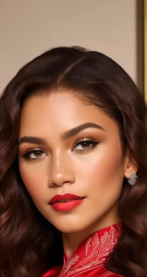 medium photo of Zen_daya woman, long curly brown hair, wearing a beautiful red dress,, extremely detailed, intricate detail, fine detail, careful detail, up close portrait, masterpiece, best quality, ultra-detailed <lora:Zendaya:0.8>