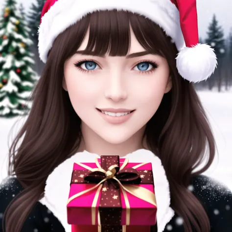 1girl, sfw, masterpiece, (photorealistic), (20yo woman:1.2), pretty face, detailed face+eyes, (hebe face), short messy black hair bang, (wearing black santa suit), outside, snow, cleavage, gift, night, light, smiling, starry sky, highres, christmas tree, (holding detailed gift), blush, happy, [open:close:0.5] eyes