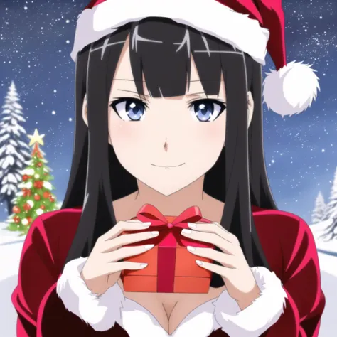 1girl, sfw, masterpiece, (anime style, drawing), (20yo woman:1.2), pretty face, detailed face+eyes, (hebe face), short messy black hair bang, (wearing black santa suit), outside, snow, cleavage, gift, night, light, smiling, starry sky, highres, christmas tree, (holding detailed gift), blush, happy, [open:close:0.5] eyes