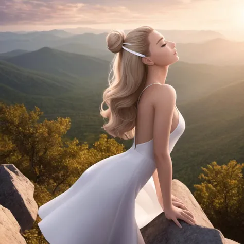 1girl, (hyperrealistic) photo of a woman standing on the edge of a mountain, inspiring, hair ribbons, eyes close, bending over, wearing only one white dress, blonde hair flowing in the air, ultra detailed scene, sky, sun, sunlight, full body, (detailed face), side view