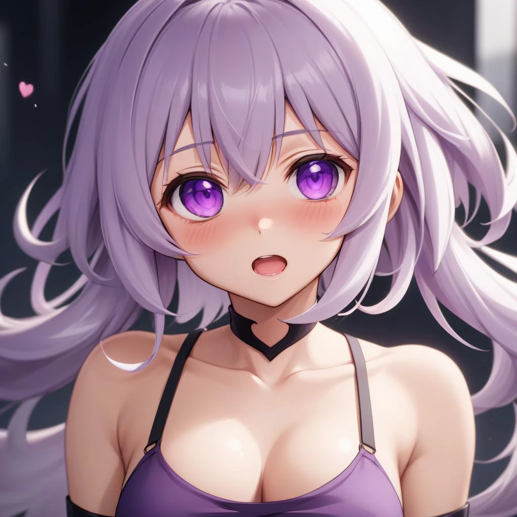 anime, (corruption),1girl,white hair,purple eyes,medium breasts,blush,(ahegao),collarbone,trembling,sweat,sweatdrop,heart, (heart-shaped pupils:1.3), 8k, high resolution