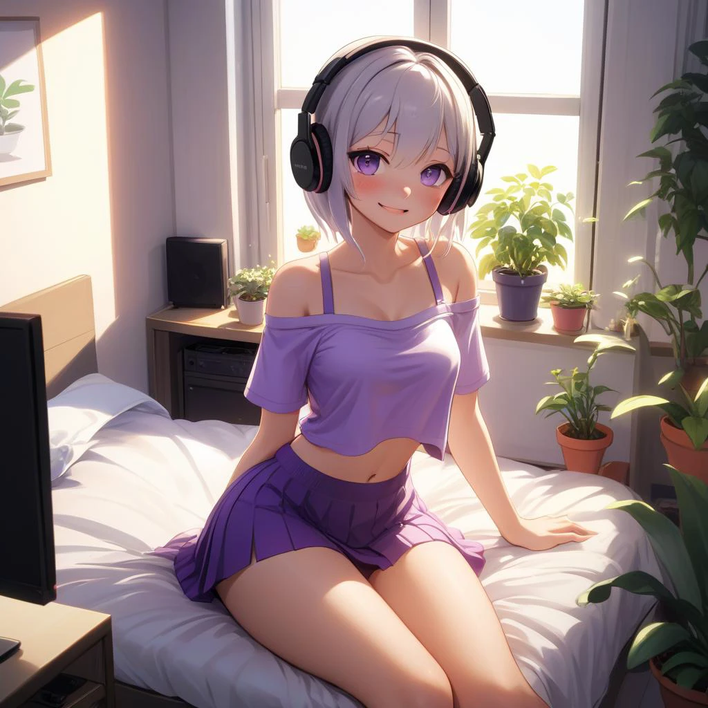 anime, 1girl, hair over one eye, parted lips, blush, makeup, light smile, white hair, t-shirt, skirt, headphones, glow, thighs, purple eye, bare shoulders, collarbone, narrow waist, bedroom, sunlight, flower, (masterpiece), underwear, potted plant, television, wallpaper, sunbeam, 8k, high resolution