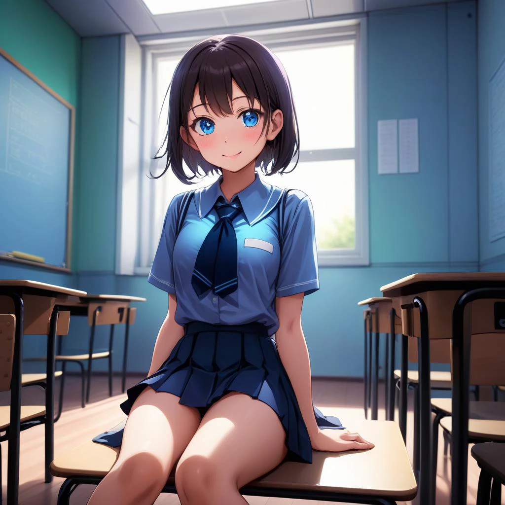 anime, 1girl, parted lips, blush, makeup, light smile, school uniform, classroom, light rays, glow, thighs, collarbone, narrow waist, (masterpiece), wallpaper, BREAK , (eldritch, (nightmare), insane, horror \(theme\), blue glow, glowing eyes:1.6), (phantasmagoria:1.3)