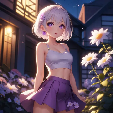 Realistic, One girl, Gray Hair, Purple eyes, Glowing Eyes, Crop top, skirt, Part your lips, blush, night, Flowers, sun, sunlight,