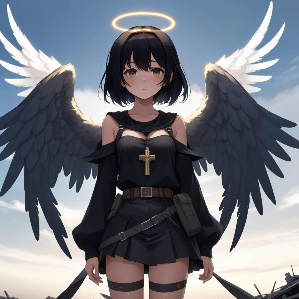 anime, (), 1girl, black hair, angel of death, innocent, brown eyes, diadem, angel wings, black clothes, full body, arms behind back, sky, halo, post-apocalypse, 8k, high resolution