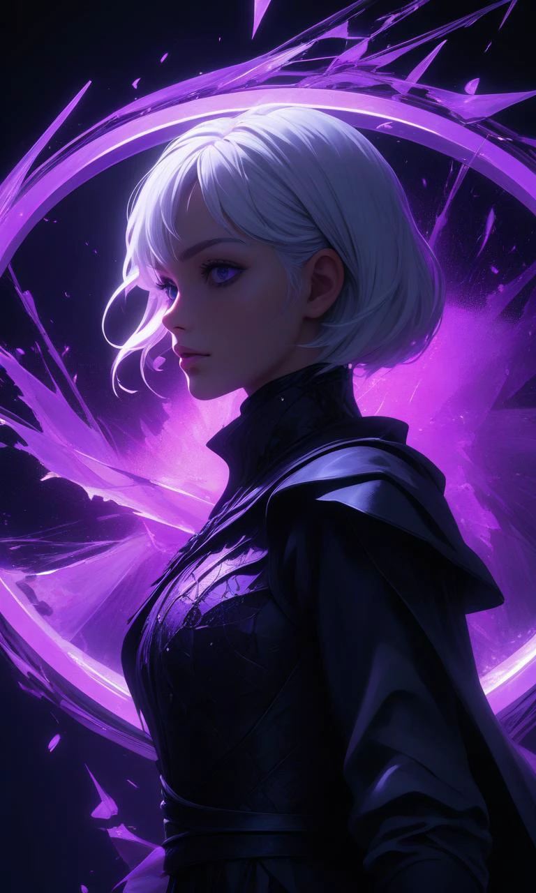 anime, 8k, high resolution, (masterpiece, best quality, ultra-detailed, best shadow), (detailed background,dark fantasy), (beautiful detailed face), high contrast, (best illumination, an extremely delicate and beautiful), ((cinematic light)), colorful, hyper detail, dramatic light, intricate details, (1girl, solo,white hair, sharp face,purple eyes, hair between eyes,dynamic angle), blood splatter, swirling black light around the character, depth of field,black light particles,(broken glass),shattered glass, (text, magic circle, symbol)