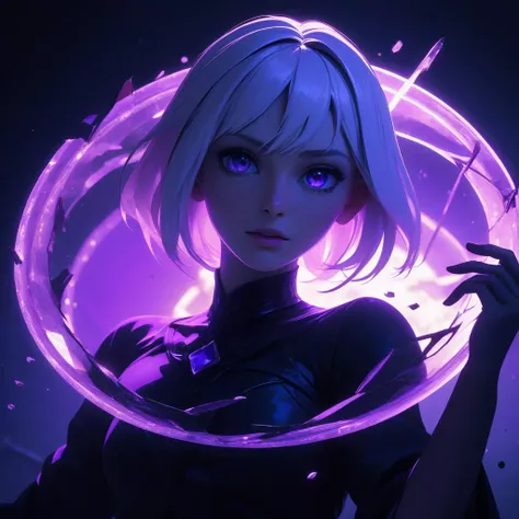 anime, 8k, high resolution, (masterpiece, best quality, ultra-detailed, best shadow), (detailed background,dark fantasy), (beautiful detailed face), high contrast, (best illumination, an extremely delicate and beautiful), ((cinematic light)), colorful, hyper detail, dramatic light, intricate details, (1girl, solo,white hair, sharp face,purple eyes, hair between eyes,dynamic angle), blood splatter, swirling black light around the character, depth of field,black light particles,(broken glass),shattered glass, ((magic circle, symbol))