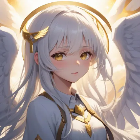 anime, (), illustration,heaven background, 1girl, white hair, golden eyes, long hair, halo, angel wings, serene expression, looking at viewer, 8k, high resolution