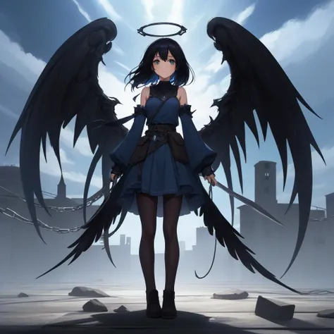 anime, (), 1girl, black hair, angel of death, innocent, brown eyes, diadem, angel wings, black clothes, full body, arms behind back, sky, halo, post-apocalypse, BREAK , (eldritch, (nightmare), insane, horror \(theme\), blue glow, glowing eyes:1.6), (phantasmagoria:1.3)