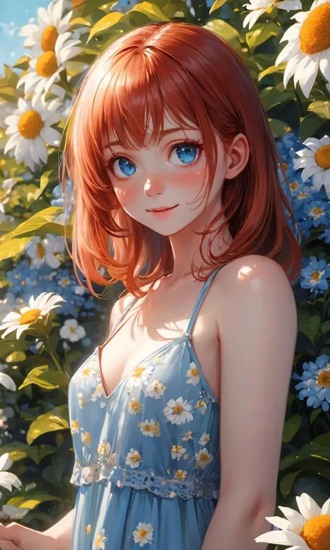 Masterpiece, official art, 4k, best quality, high quality, 8k, (contrast), (((vibrant))), ((ultra-detailed)), beautiful detailed eyes, detailed shiny skin, looking at viewer, 1girl, summer dress, red hair, blue eyes, czech freckles, happy, petite, small breasts, toned, finely detail, depth of field, (bloom), ray tracing,