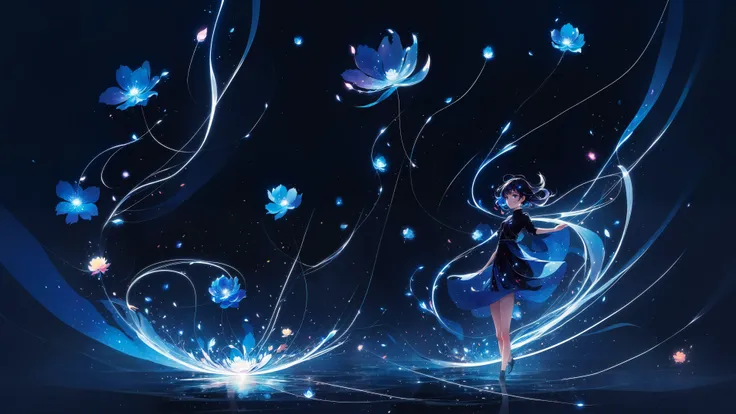 (anime, pixiv, masterpiece, best quality, highres), (1girl, solo, full body), (light particles, floating object, swirling lights, blue bloom), (abstract, dark), (wallpaper, 8k, high resolution),