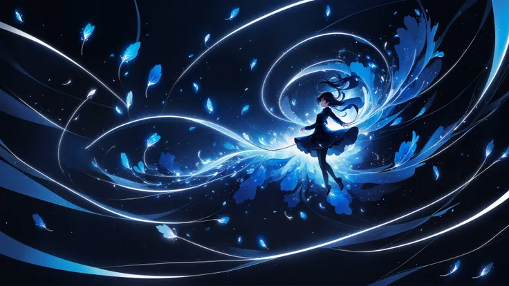 (anime, pixiv, masterpiece, best quality, highres), (1girl, solo), (light particles, floating object, swirling lights, blue bloom), (abstract, dark), (wallpaper, 8k, high resolution),