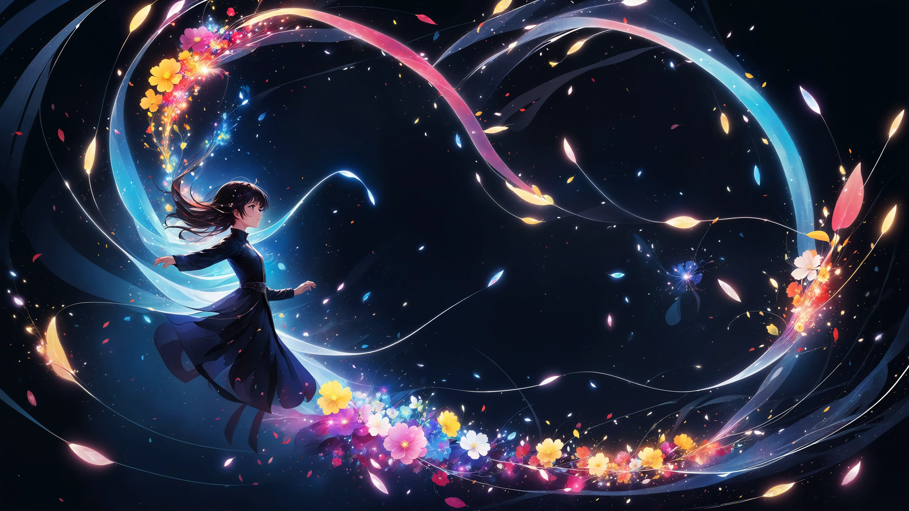 (anime, pixiv, masterpiece, best quality, highres), (1girl, solo), (light particles, floating object, swirling lights, bloom), (abstract, dark), (wallpaper, 8k, high resolution),