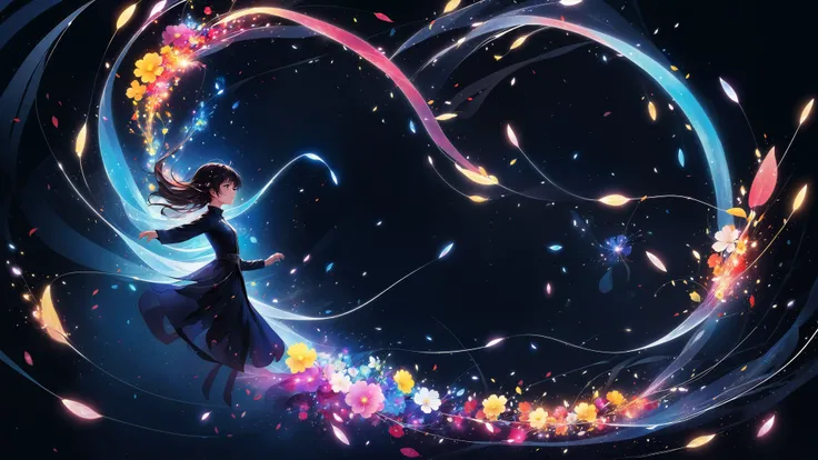 (anime, pixiv, masterpiece, best quality, highres), (1girl, solo), (light particles, floating object, swirling lights, bloom), (abstract, dark), (wallpaper, 8k, high resolution),