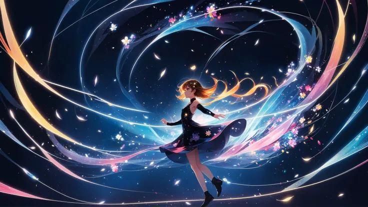 (anime, pixiv, masterpiece, best quality, highres), (1girl, solo), (light particles, floating object, swirling lights, bloom), (abstract, dark), (wallpaper, 8k, high resolution),