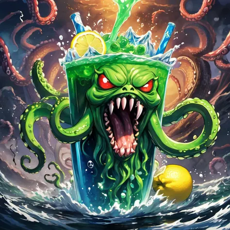 anime artwork Kool aide man chuthulu yelling "Oh yeah!" and crashing through the abyss, eldritch abomination with tentacles, the old god, green, hyper detailed, refreshing drink, blue drink, lemon slice . anime style, key visual, vibrant, studio anime, highly detailed