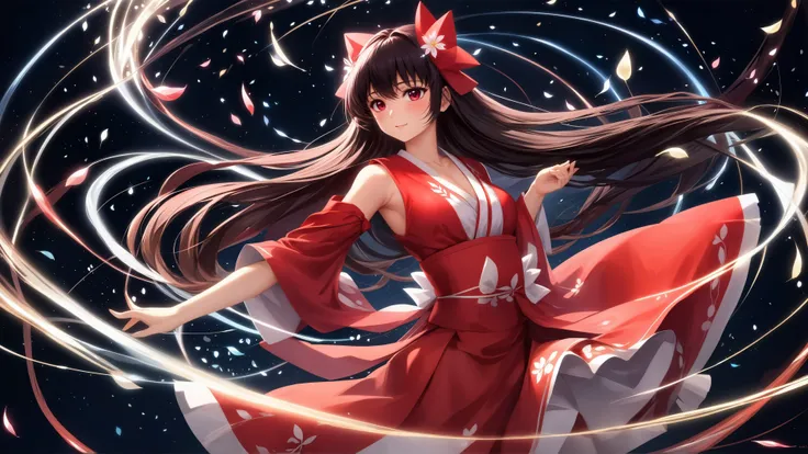 (masterpiece, best quality, highres, anime art style, pixiv), (1girl, solo, hakurei reimu, straight hair, long hair), (romanticized, bloom, swirling lights, light particles, dark)
