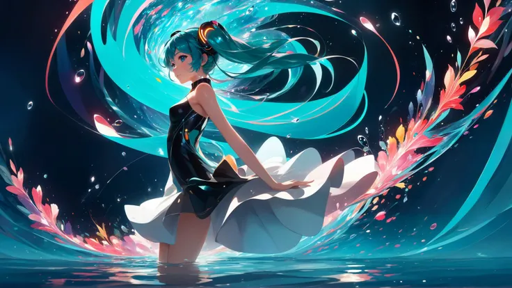 (masterpiece, best quality, highres, anime art style, pixiv), (1girl, solo, in an abstract water, looking at viewer, hatsune miku, looking back), (romanticized, bloom, swirling lights, light particles),