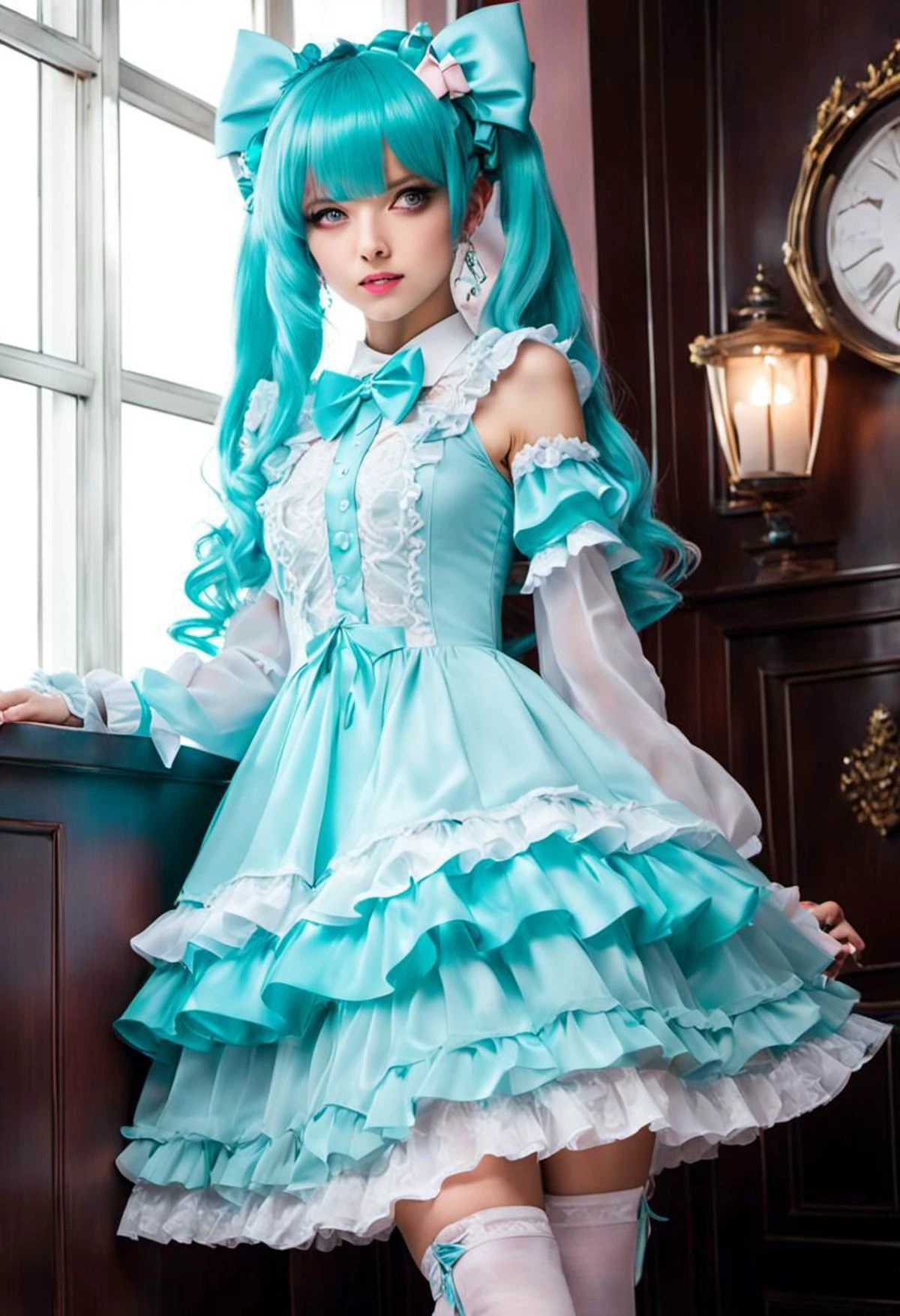 (kawaii, cute, tafashion:1), (cyan magical girl, long hair, multicolored hair:1.2), (pastel frilly lolishion dress:1.2), (lace gloves, multilayered dress:1), (shiny glossy gradient clothing:1.3), soft lighting, (cute shoes, lolitafan shoes, shoes focus, bobby socks:1.2), (many frills, many big bows, lace:1.3), (glossy lips, kawaii makeup:1.2), (happy smile:1), (sitting on pink sofa:1.3), (sparkling hair, sparkling clothes, sparkling eyes:1.1),