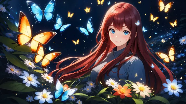 (masterpiece, best quality, highres, anime art style, pixiv), (vivid color, light particles, fireflies, butterfly, bloom, light rays, flowers, petals), (1girl, solo, mature, dark red hair, blue eyes, long hair), (slight smile, straight hair, looking at the viewer, blush), (abstract art, vegetation),