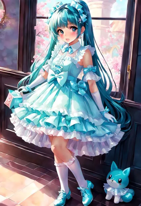 (kawaii, cute, tafashion:1), (cyan magical girl, long hair, multicolored hair:1.2), (pastel frilly lolishion dress:1.2), (lace gloves, multilayered dress:1), (shiny glossy gradient clothing:1.3), soft lighting, (cute shoes, lolitafan shoes, shoes focus, bobby socks:1.2), (many frills, many big bows, lace:1.3), (glossy lips, kawaii makeup:1.2), (happy smile:1), (sitting on pink sofa:1.3), (sparkling hair, sparkling clothes, sparkling eyes:1.1),