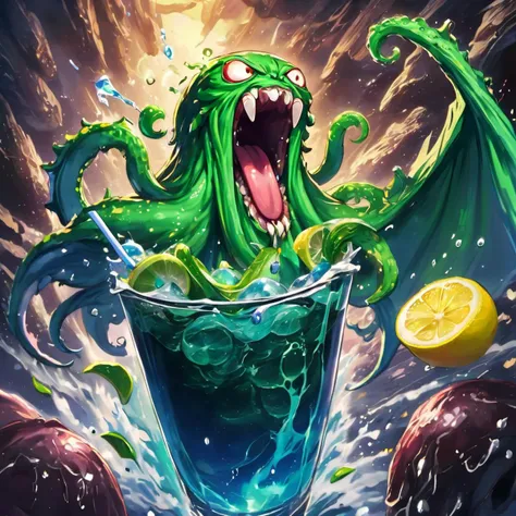anime artwork Kool aide man chuthulu yelling "Oh yeah!" and crashing through the abyss, eldritch abomination, the old god, green, hyper detailed, refreshing drink, blue drink, lemon slice . anime style, key visual, vibrant, studio anime, highly detailed